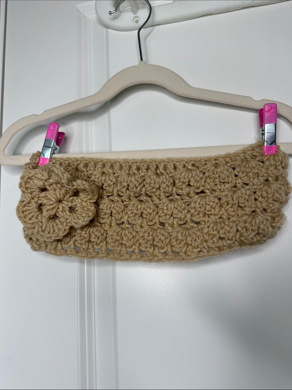 Hand Knitted Sand Brown Headband with Flower